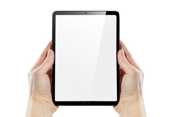 Hands holding black tablet, isolated on white background