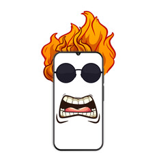Phone Mockup and Startled Face Expression Emoticon with Sunglasses and Fire Flames Drawing on Screen