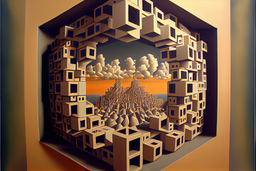 Abstract surreal cubic building in the desert