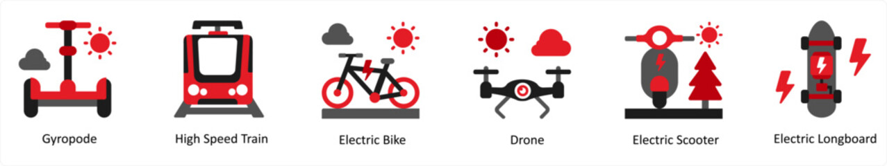 Six Technology Red and Black icons as gyropode, high speed train, electric bike