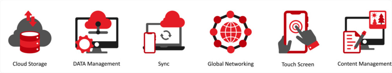 Six Technology Red and Black icons as cloud storage, data management, sync - obrazy, fototapety, plakaty