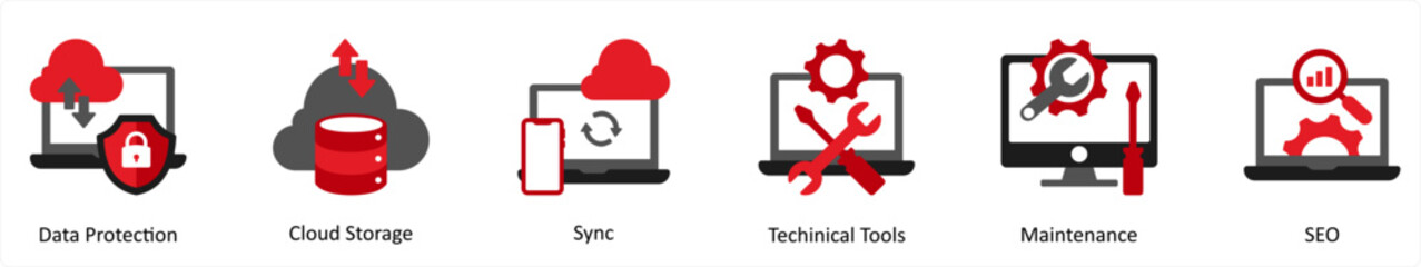 Fototapeta na wymiar Six Technology Red and Black icons as data protection, cloud storage, sync