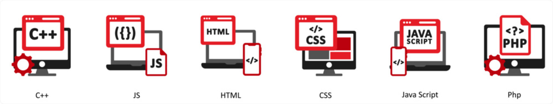 Six Technology Red and Black icons as c++, js, html