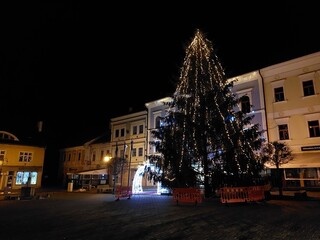 christmas tree in a town square at night in Rožňava, Slovakia 