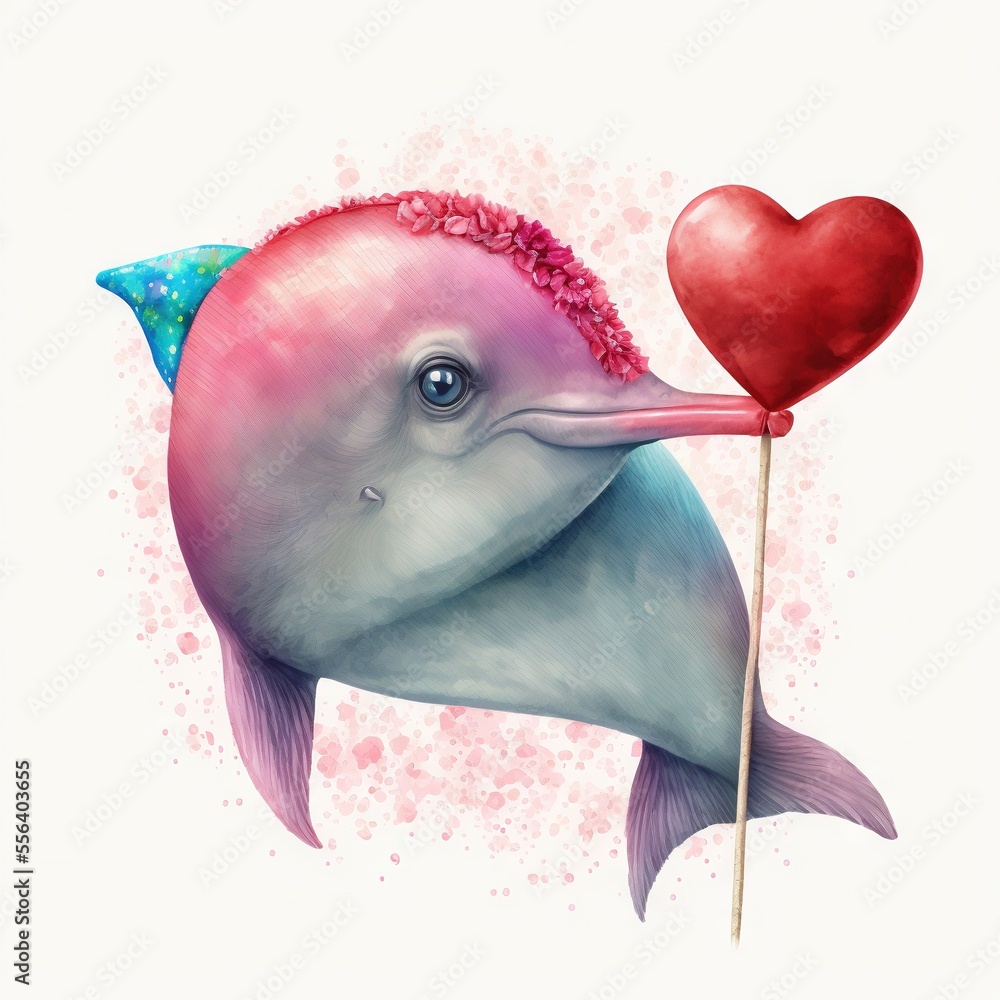 Poster a dolphin with a heart on a stick with a stick in its mouth and a heart on its nose. generative ai