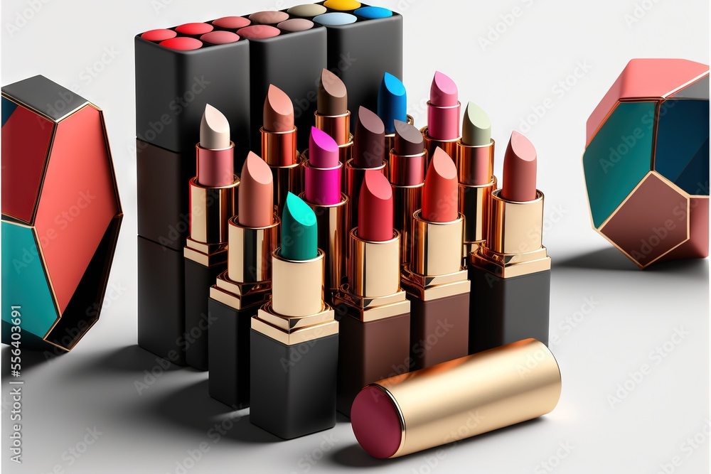Poster a group of lipsticks sitting next to each other on a white surface with a geometric design behind th