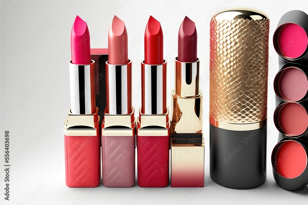 Aufkleber a group of lipsticks with a gold case and a red one on the side of the image and a white background.
