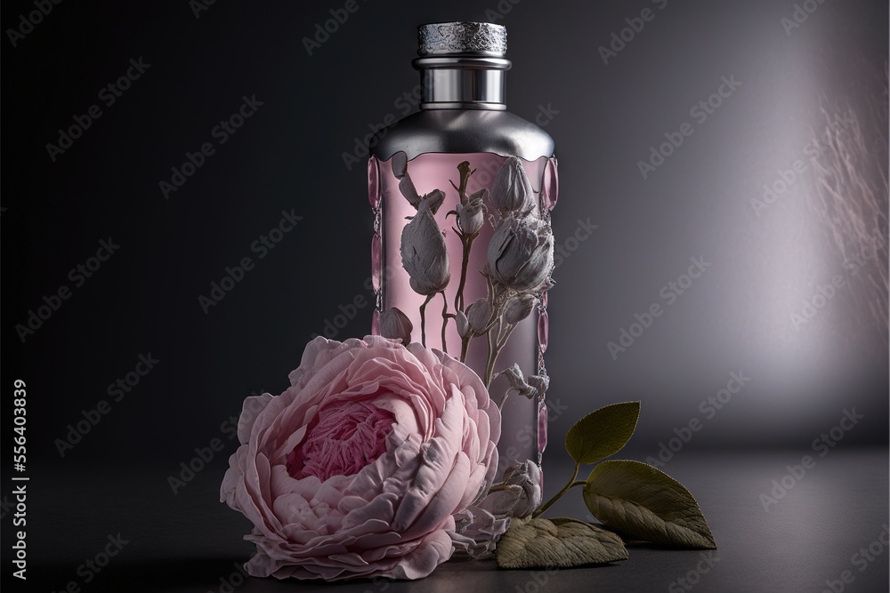 Poster a pink flower sitting next to a bottle of water on a table with a leaf on it and a flower in front o