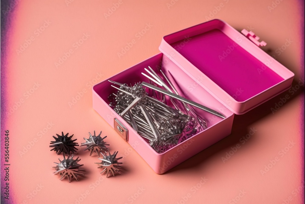 Poster a pink box with a bunch of pins and needles in it on a pink background with a pink border. generativ