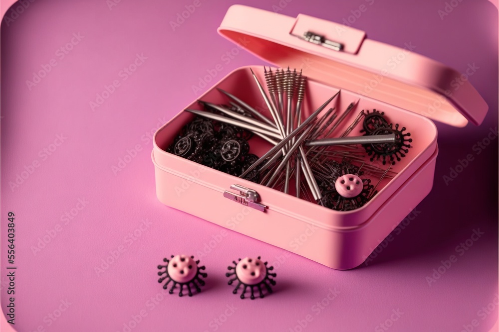 Poster a pink box with some pins and needles in it and a pair of scissors in it on a purple background. gen