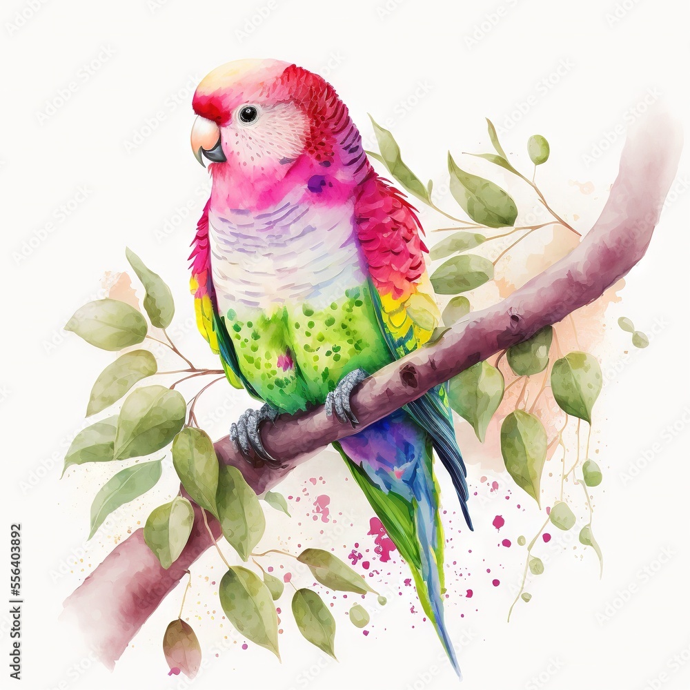 Poster a colorful bird sitting on a branch of a tree with leaves around it's edges and a white background. 