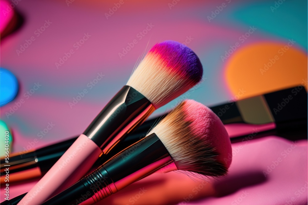 Poster a close up of a brush and a makeup brush on a table with a colorful background and a blurry image of