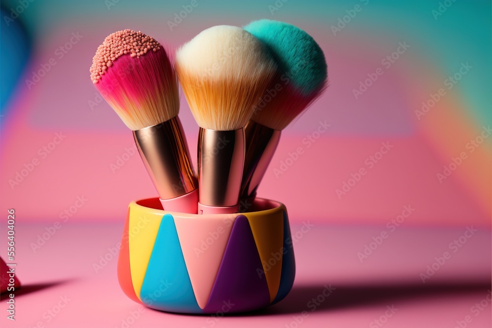 Poster a cup with three different colored brushes in it on a pink surface with a blue and pink background b