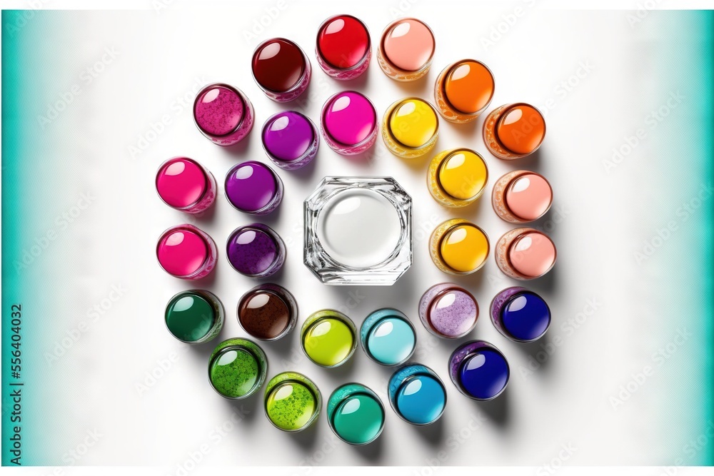 Poster  a group of colorful bottles of perfumes arranged in a circle on a white background with a blue border. Generative AI