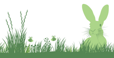 Easter Rabbit hiding in green wildflower meadow and grass with bees and flowers. Happy Easter greeting card and background banner for spring sale and marketing