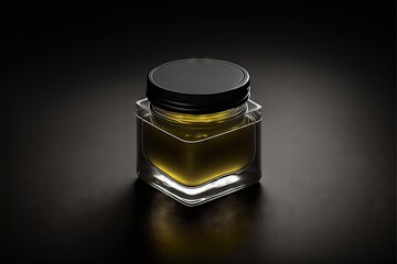  a jar of honey on a black surface with a black lid and a black lid on the jar is a black lid. Generative AI