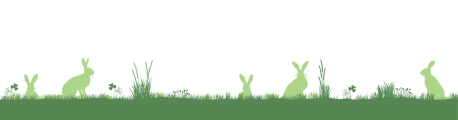 green wildflower meadow with easter rabbits hiding in the grass. Background Banner for newsletter header and marketing, sales. 