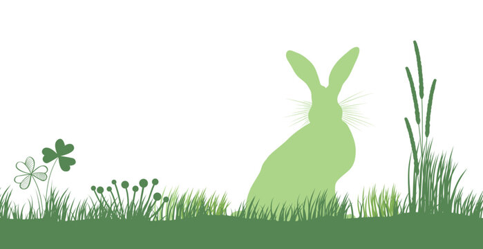 Happy Easter Card with easter rabbit in wildflower meadow with clover and grass, green silhouette, vector template for ecological maketing and sales, advertising and greeting cards