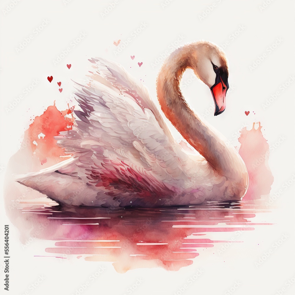Poster a swan is floating on the water with hearts in its beaks and wings spread out. generative ai
