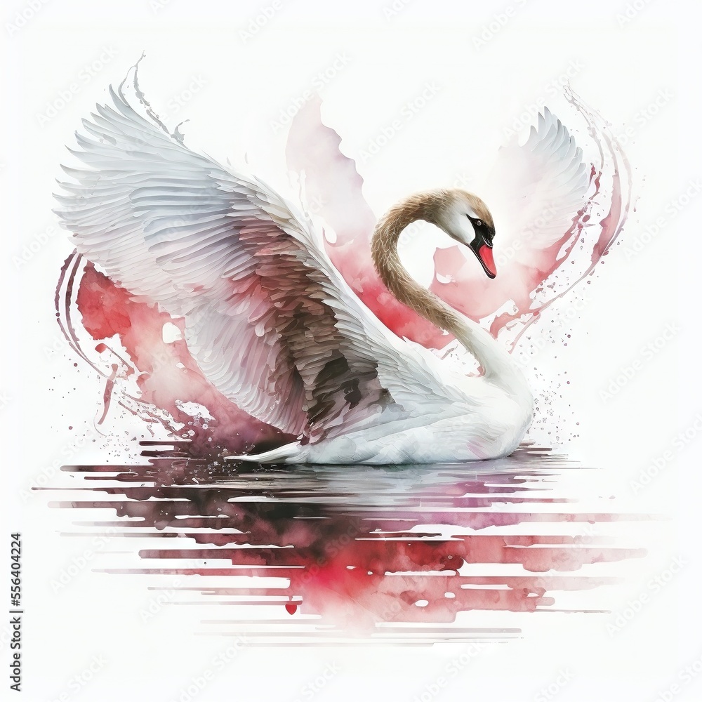Aufkleber a swan with its wings spread out in the water with a pink background and a white background with a r