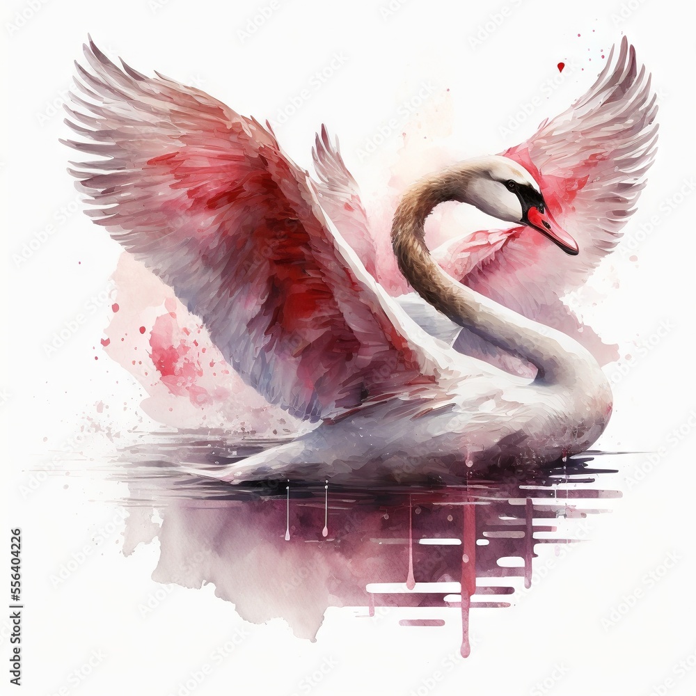Poster a swan with its wings spread out in the water with a pink background and a white background with a r
