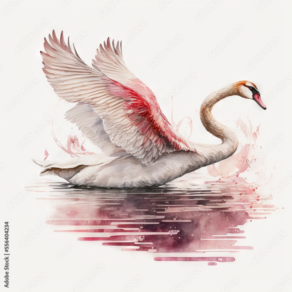 Poster a swan with its wings spread out in the water with a pink background and a white background with a p