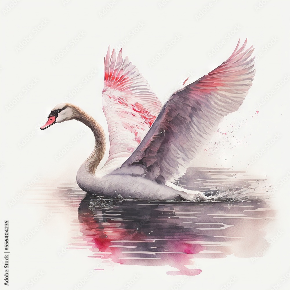 Poster a swan with its wings spread out in the water with its reflection in the water and its reflection in