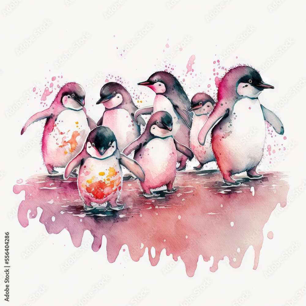 Wall mural a group of penguins walking across a puddle of watercolor paint on a white background with a splash 