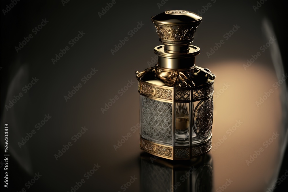 Poster a bottle of perfume sitting on a table with a light on it's side and a shadow on the floor. generati