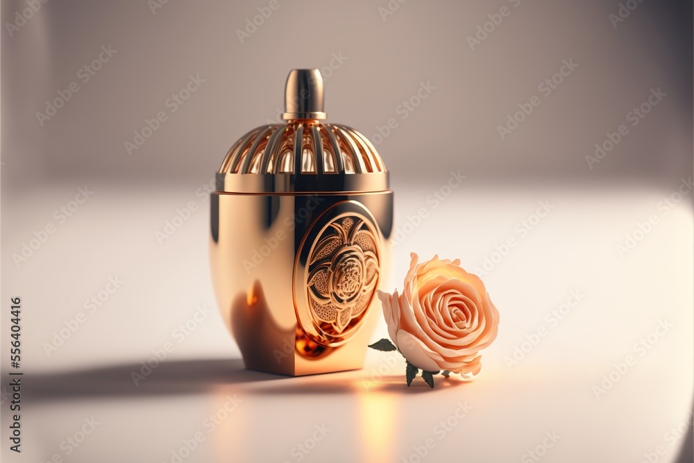 Poster a rose sitting next to a golden container on a table with a white background and a light reflection 