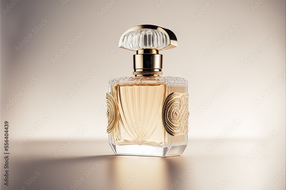Poster a bottle of perfume sitting on a table with a light shining on it's side and a white background. gen