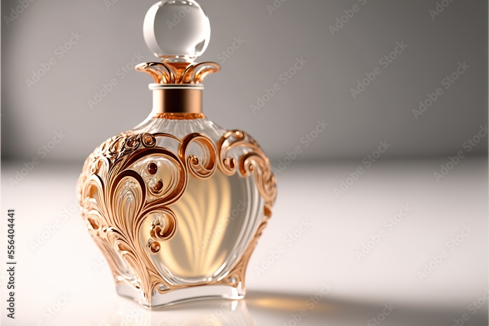 Poster a bottle of perfume sitting on a table with a white background and a light reflection on the floor b
