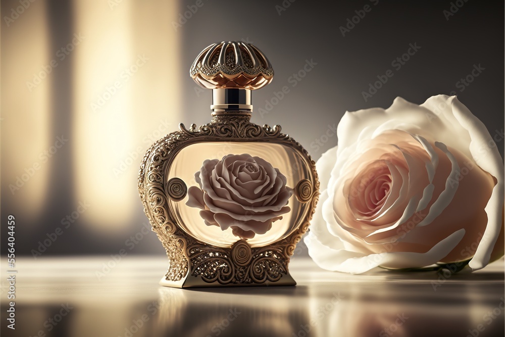Poster a white rose and a bottle of perfume on a table with a black background and a gold frame around it. 