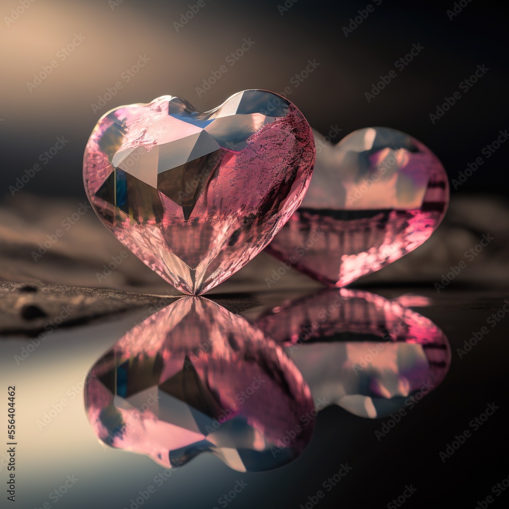 Poster two pink hearts are sitting on a reflective surface with a reflection of them in the water and a lea