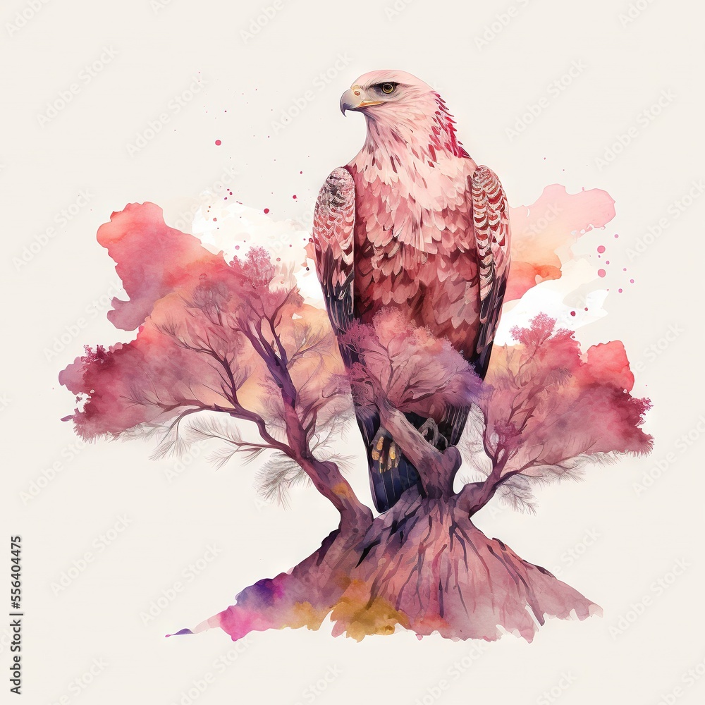 Poster a bird sitting on top of a tree branch with a sky background behind it and a pink and yellow tree. g