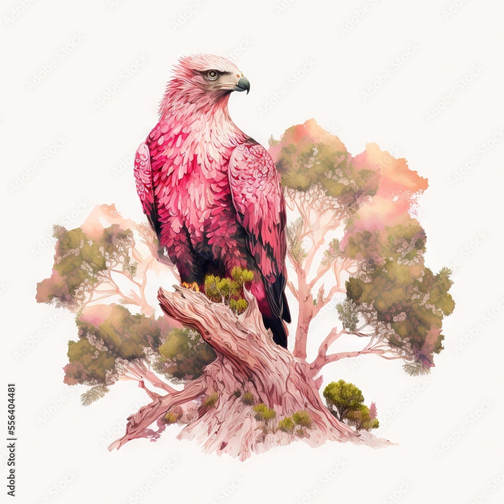 Poster a bird sitting on top of a tree branch next to a tree branch with leaves on it and a white backgroun