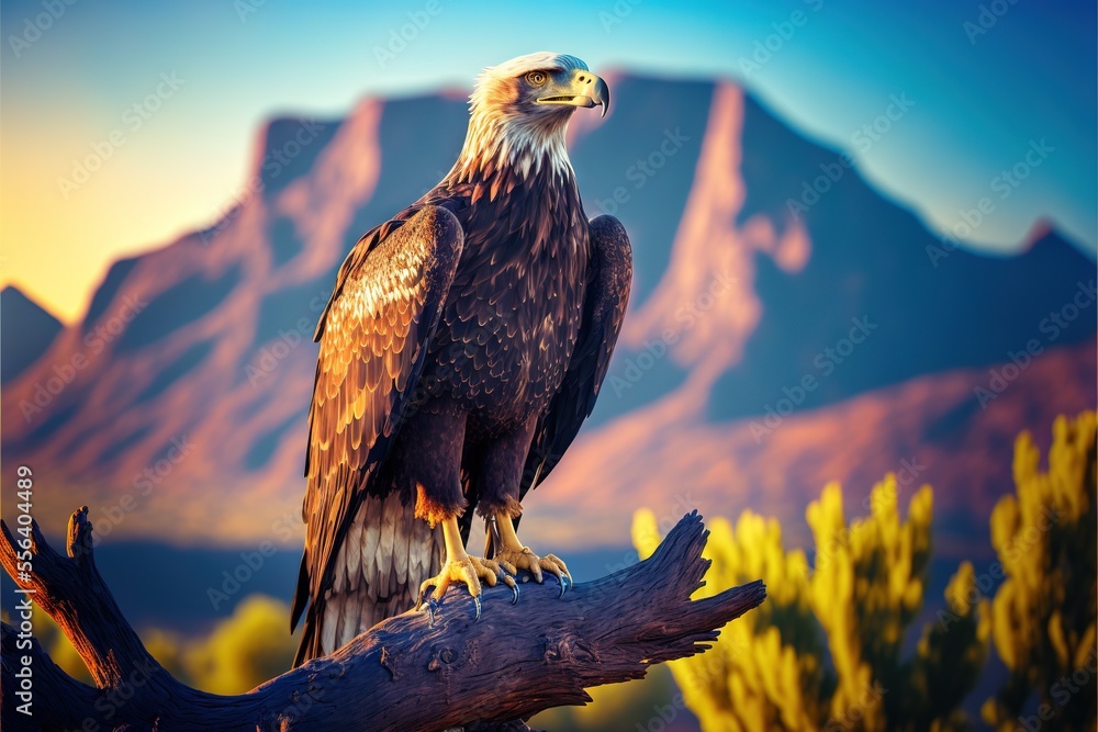 Poster a large bird perched on a tree branch in front of a mountain range with a sky background and a yello
