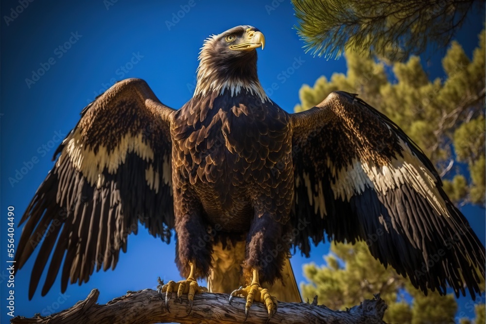 Poster a large eagle sitting on a tree branch with its wings spread out and spread wide open. generative ai