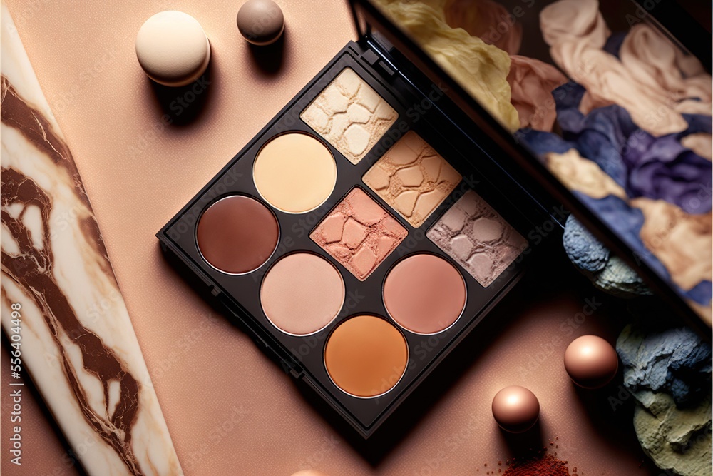 Poster a palette of makeup on a table with other items around it and a brush and palette of makeup on a tab