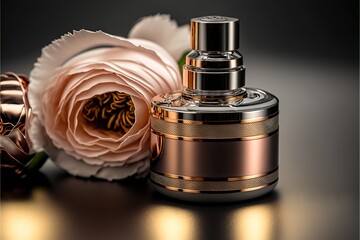  a bottle of perfume next to a flower on a table with a black background and a gold border around it. Generative AI