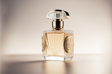  a bottle of perfume sitting on a table with a light shining on it's side and a white background. Generative AI
