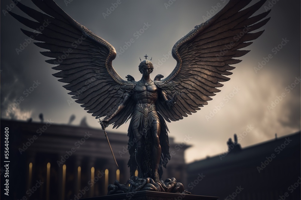 Poster a statue of a winged angel with a sword in its hand and a building in the background with a cloudy s
