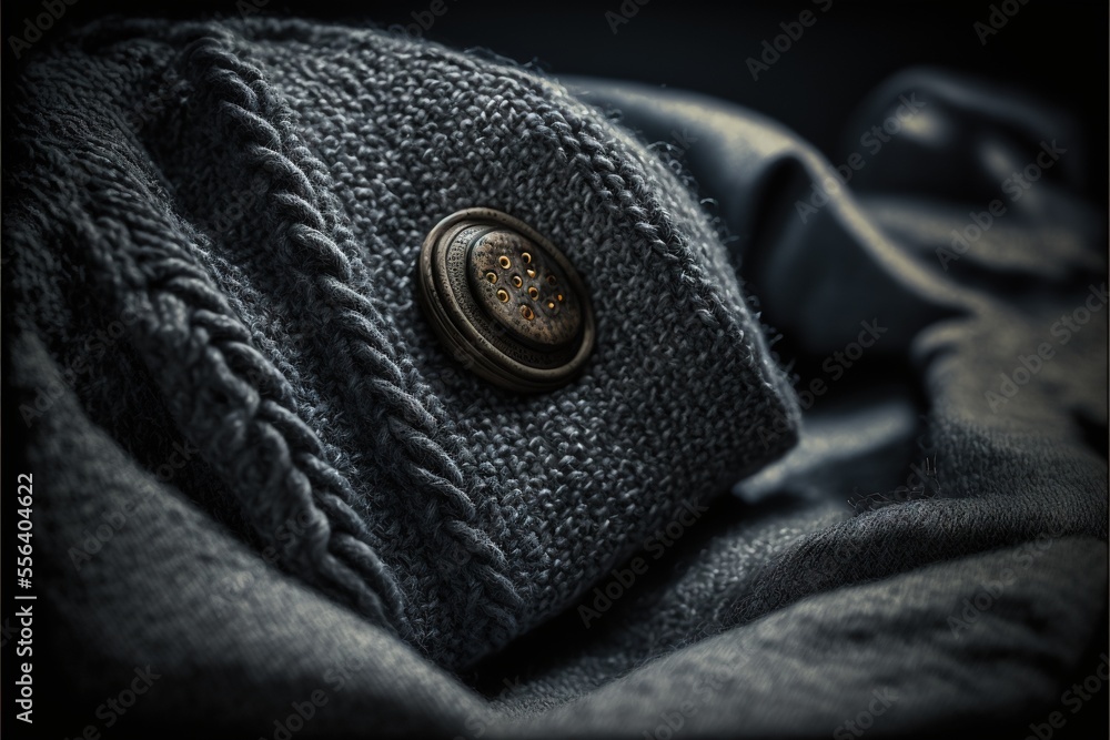 Poster a close up of a button on a sweater with a black background and a black background with a white back