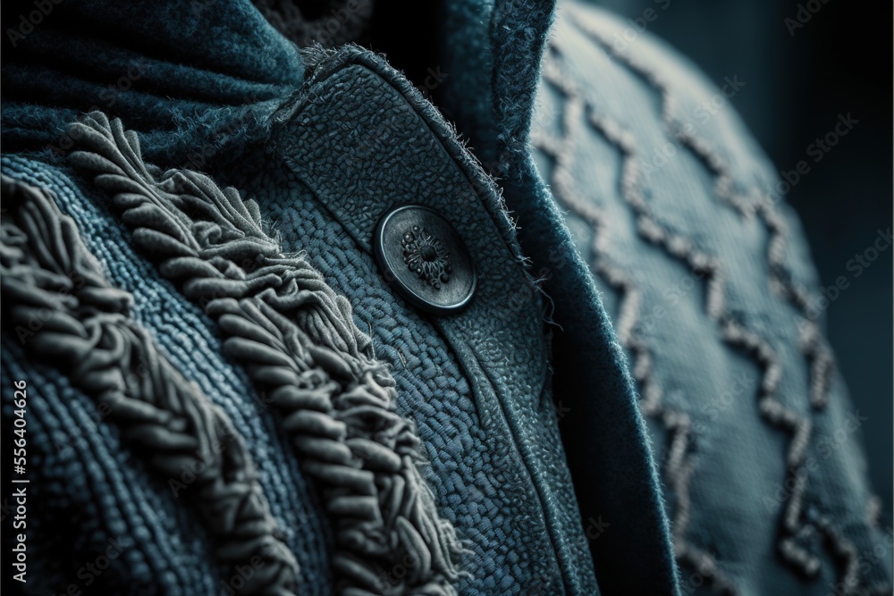 Poster a close up of a blue jacket with a button on it's lapel and a braided design. generative ai