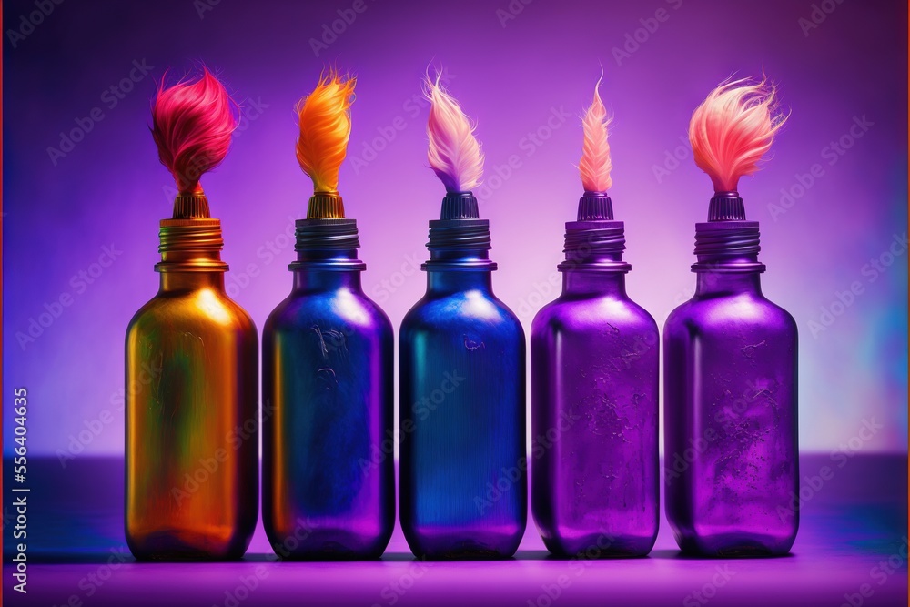 Poster a row of colorful bottles with different colored hair in them on a purple background with a red bord