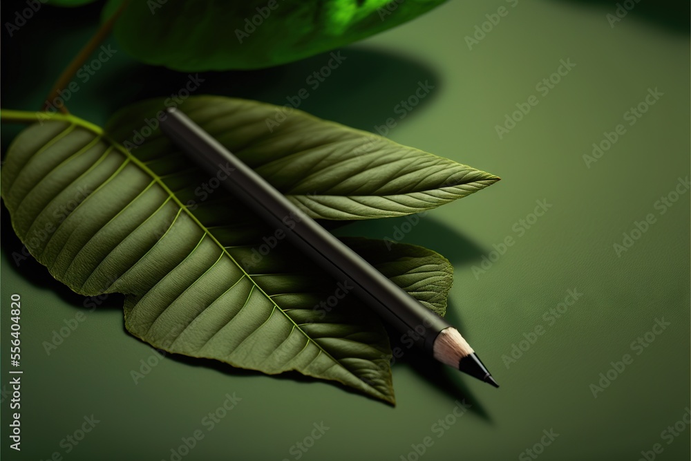 Poster a pencil resting on a leaf with a green background behind it. generative ai