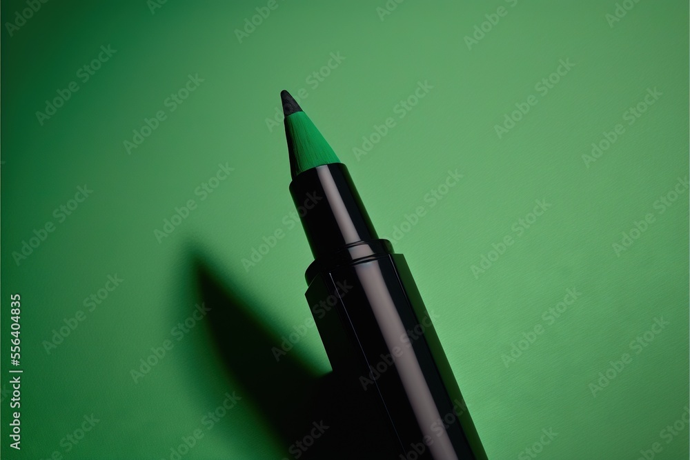 Poster a green pen with a black tip on a green background with a shadow of a pencil on the side. generative
