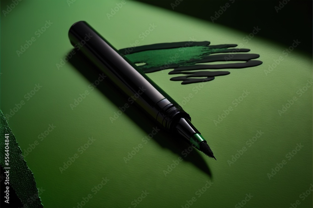 Poster a pen sitting on top of a green surface with a shadow of a hand on it's side. generative ai