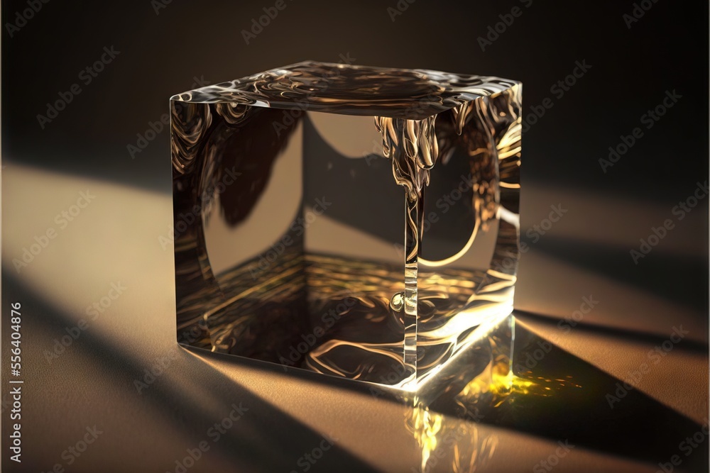 Poster a glass cube with a liquid inside of it on a table top with a shadow of a person on the floor. gener