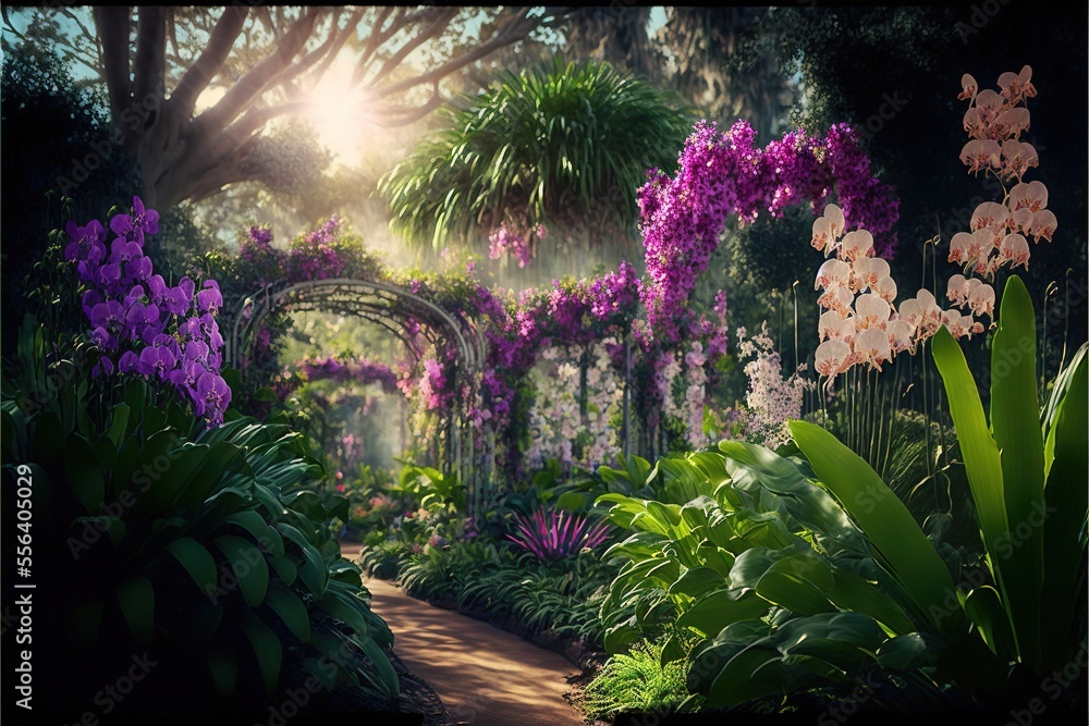 Poster a garden with a path and flowers in it and a sunbeam in the background with a path through the flowe